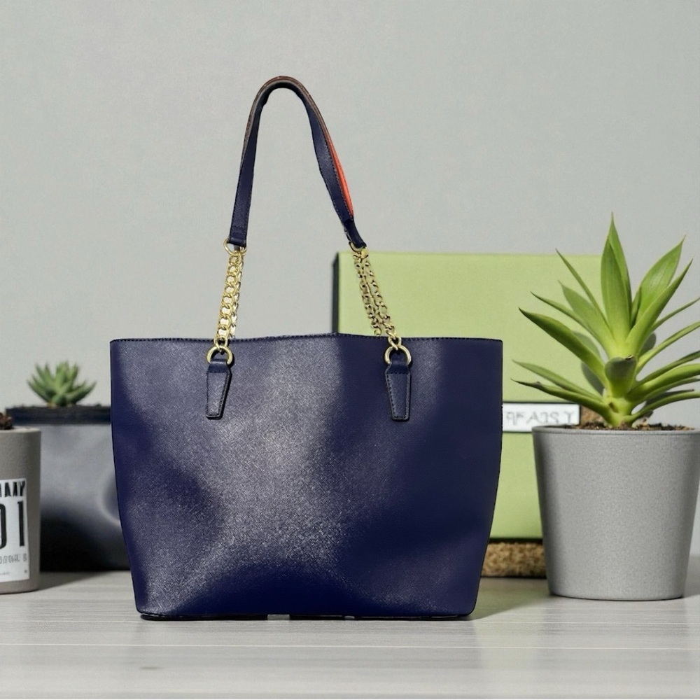 Anne Klein dark blue faux leather tote bag purse with a gold chain strap detail - Picture 2 of 10